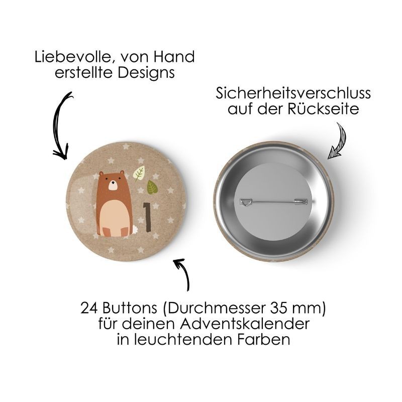 Adventskalender Zahlen Buttons Waldtiere