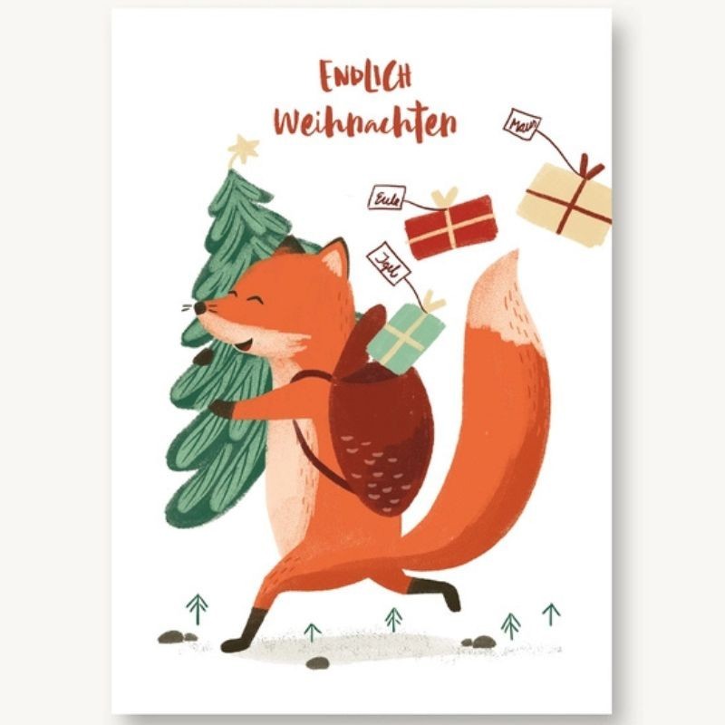 Postkarte Endlich Weihnachten Fuchs
