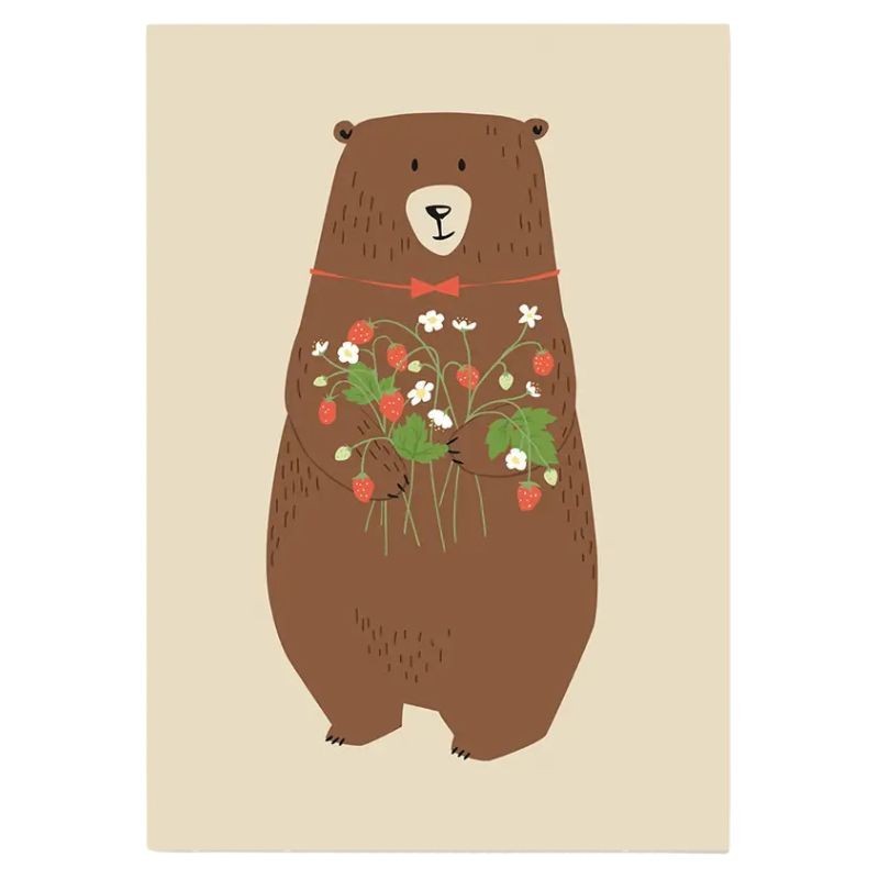 Postkarte Bär mit Erdbeeren