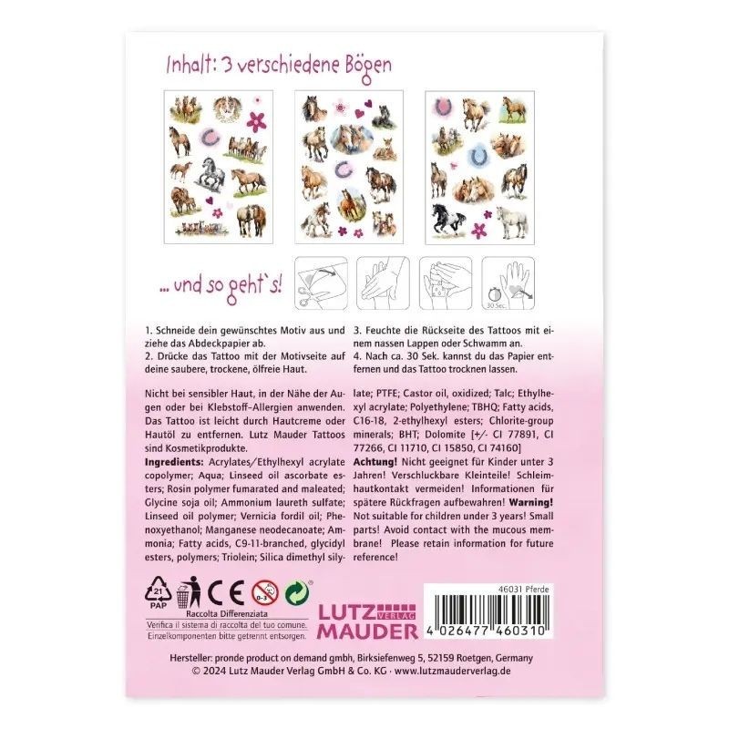 Kindertattoo Set Pferde mit 46 Tattoos