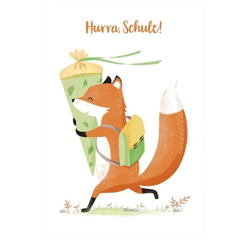 Postkarte Hurra Schule Fuchs