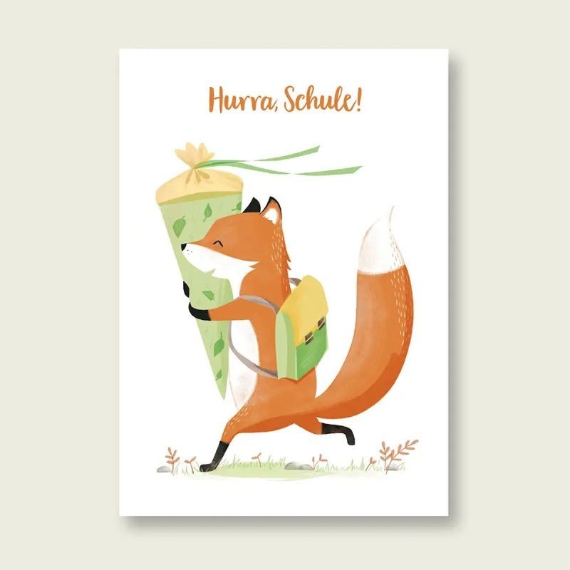 Postkarte Hurra Schule Fuchs