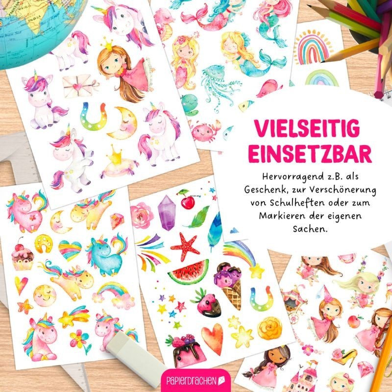 Sticker Set Einhorn, Prinzessin & Meerjungfrau