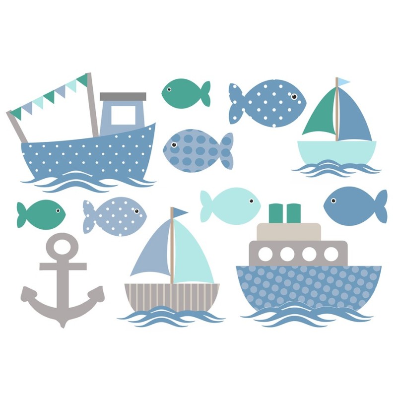 Wasserfeste Sticker Schiffe und Fische in blau und grau von Jabalou