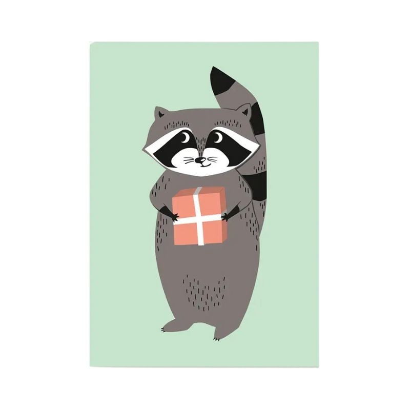Postkarte Waschbär mit Geschenk