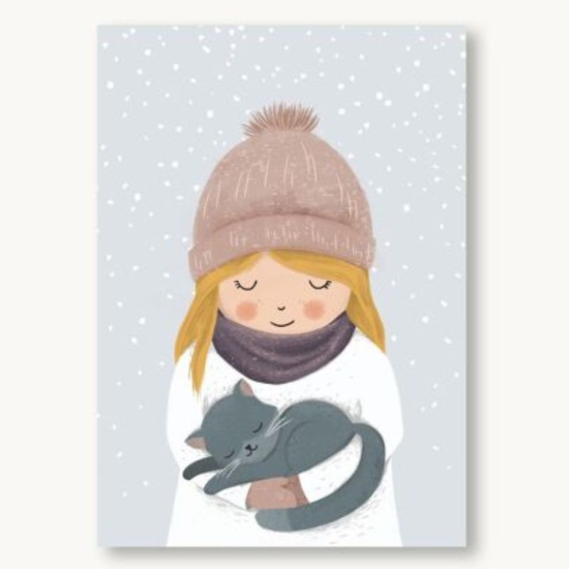 Postkarte Winter Mädchen mit Katze
