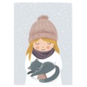 Postkarte Winter Mädchen mit Katze