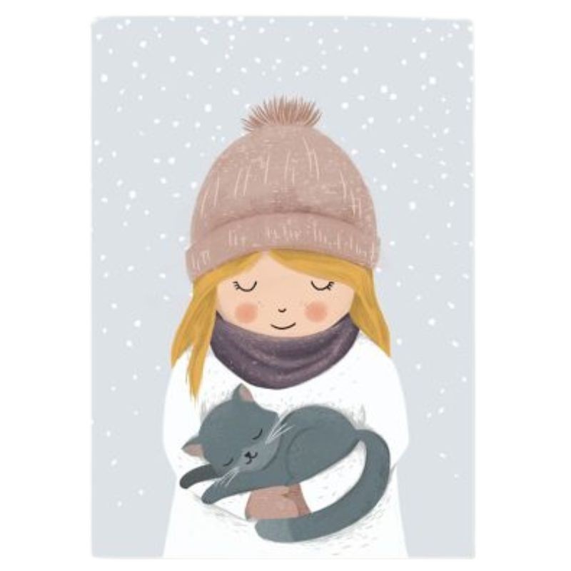Postkarte Winter Mädchen mit Katze