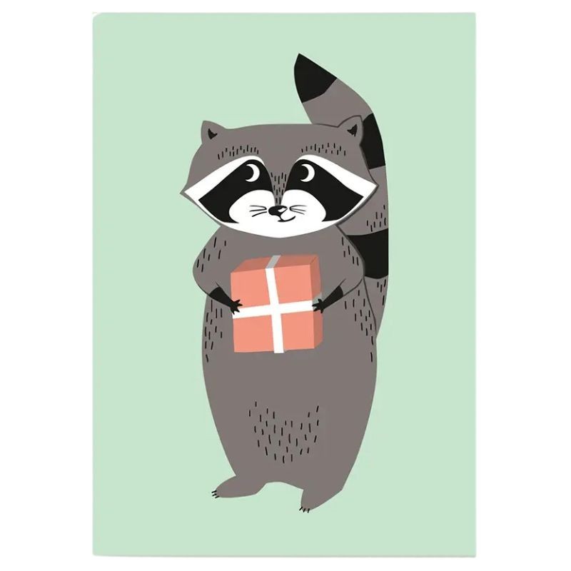 Postkarte Waschbär mit Geschenk