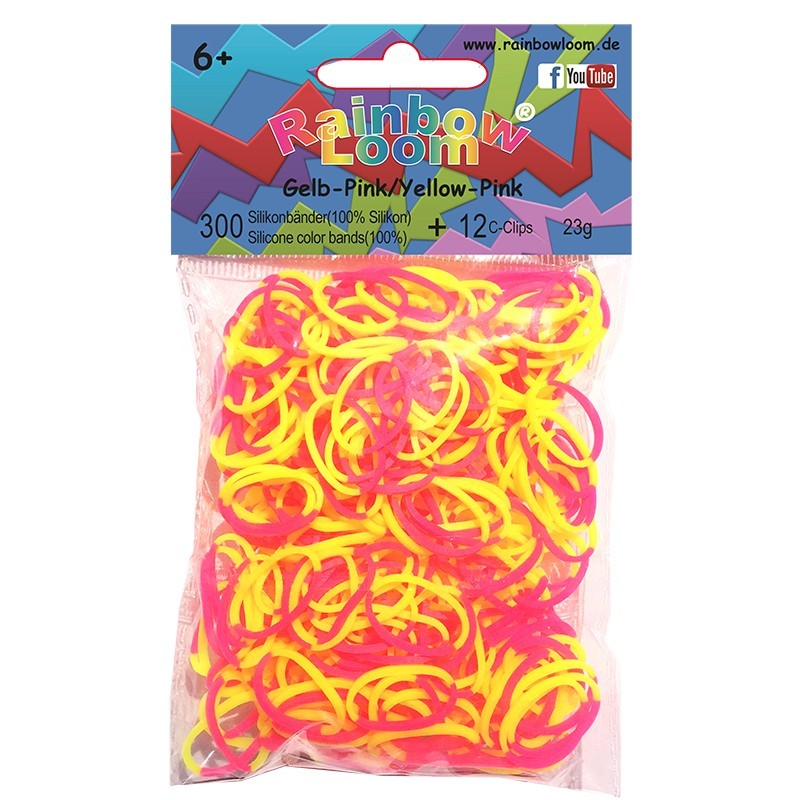 Rainbow Loom Gummibänder Gelb-Pink Inh. 12 C-Clips 300 Bänder 100 % Silikon 